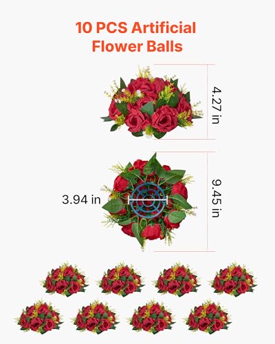 Silky Flower Store Artificial Red Rose Flower Balls Bouquet, 10 PCS Wedding Centerpieces, Faux Kissing Balls Decor, 9.5-Inch 2 2 Product: VEVOR Flower Balls Arrangement Bouquet 10 PCS, 9.5-Inch Wedding Red Roses Centerpieces, Fake Flowers Kissing Balls Decor Artificial Floral Arrangements Flower Bouquet for Home Party Table Decorations