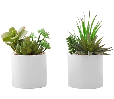 Product: Wahome-Smart Artificial Succulent Plant Set of 2, 7" Tall with White Ceramic Pots, Indoor Faux Greenery for Home Decor
