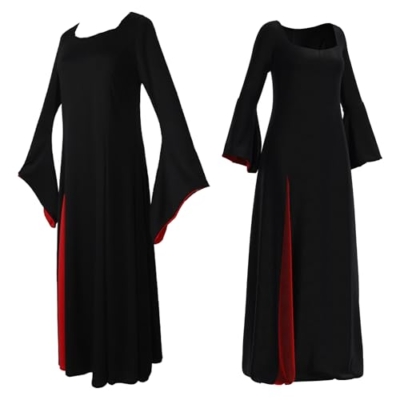 Product: Women Halloween Morticia Addams Costume Gothic Black Long Dress with Wig and Artificial Red Roses Flowers