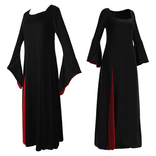 Product: Women Halloween Morticia Addams Costume Gothic Black Long Dress with Wig and Artificial Red Roses Flowers