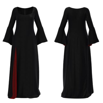 Product: Women Halloween Morticia Addams Costume Gothic Black Long Dress with Wig and Artificial Red Roses Flowers