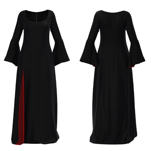 Product: Women Halloween Morticia Addams Costume Gothic Black Long Dress with Wig and Artificial Red Roses Flowers