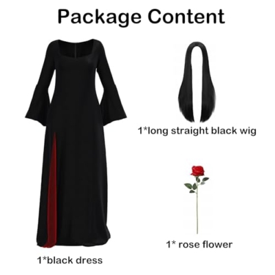 Product: Women Halloween Morticia Addams Costume Gothic Black Long Dress with Wig and Artificial Red Roses Flowers