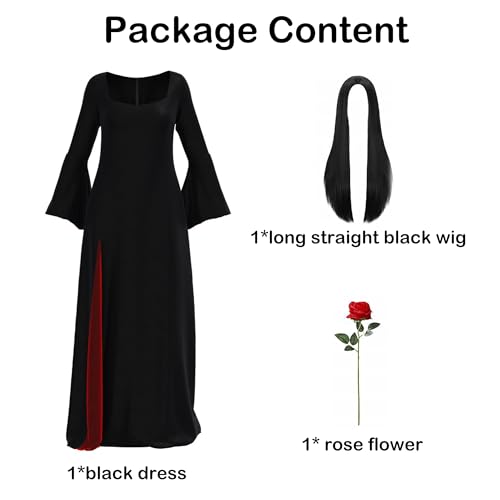 Product: Women Halloween Morticia Addams Costume Gothic Black Long Dress with Wig and Artificial Red Roses Flowers