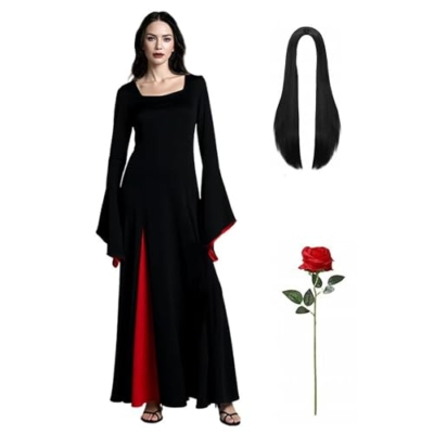 Product: Women Halloween Morticia Addams Costume Gothic Black Long Dress with Wig and Artificial Red Roses Flowers