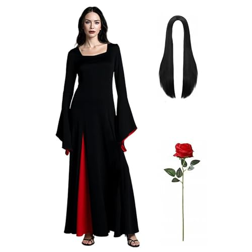 Product: Women Halloween Morticia Addams Costume Gothic Black Long Dress with Wig and Artificial Red Roses Flowers