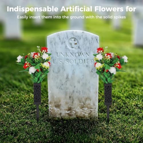 Product: yeeplant Cemetery Flowers Artificial, 2 Sets Beautiful Memorial Arrangements for Headstones, Black Plastic Vase Base with Long Drainage Spikes Holes for Outdoor Memorials