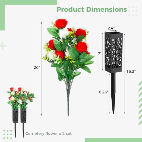 Product: yeeplant Cemetery Flowers Artificial, 2 Sets Beautiful Memorial Arrangements for Headstones, Black Plastic Vase Base with Long Drainage Spikes Holes for Outdoor Memorials