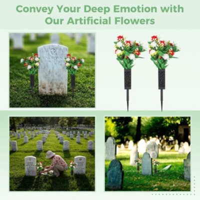 Product: yeeplant Cemetery Flowers Artificial, 2 Sets Beautiful Memorial Arrangements for Headstones, Black Plastic Vase Base with Long Drainage Spikes Holes for Outdoor Memorials