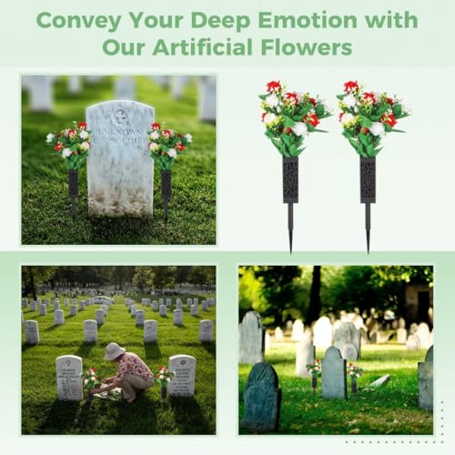 Product: yeeplant Cemetery Flowers Artificial, 2 Sets Beautiful Memorial Arrangements for Headstones, Black Plastic Vase Base with Long Drainage Spikes Holes for Outdoor Memorials