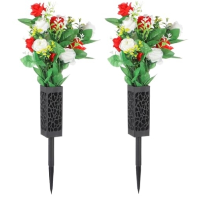 Product: yeeplant Cemetery Flowers Artificial, 2 Sets Beautiful Memorial Arrangements for Headstones, Black Plastic Vase Base with Long Drainage Spikes Holes for Outdoor Memorials